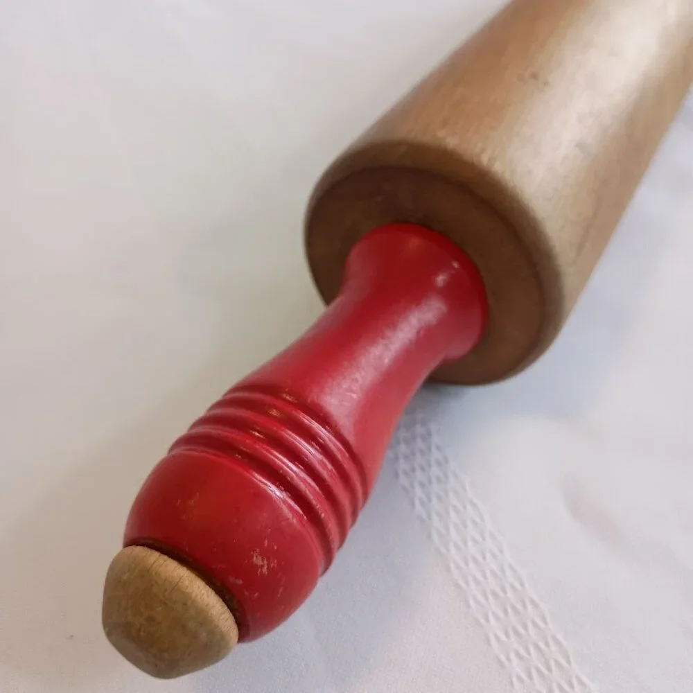 Vintage Wood Rolling Pin with Red Handles